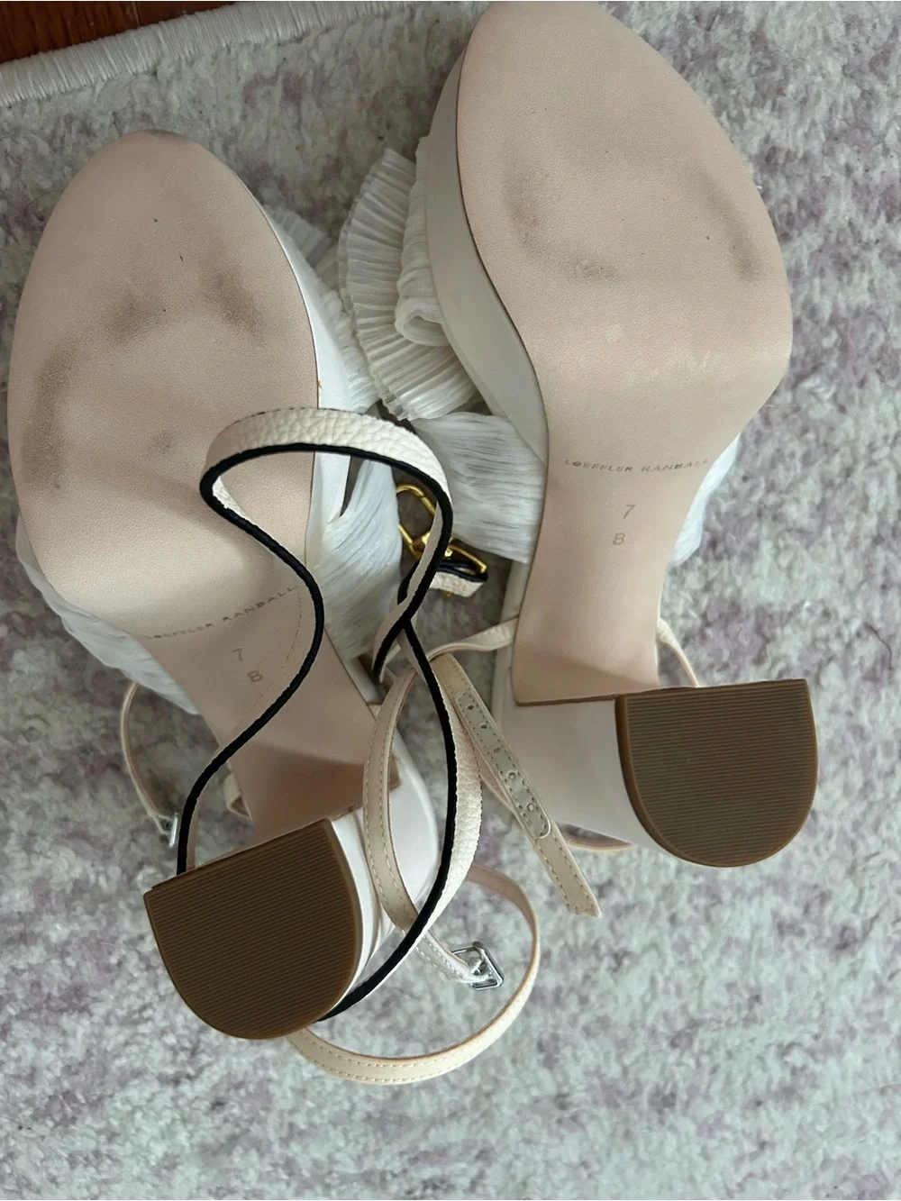 Loeffler Randall Cream Knotted Bow Block Heel Sandals